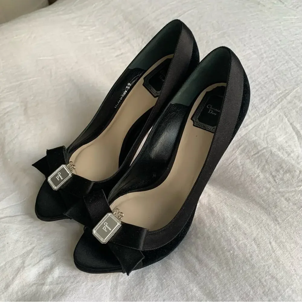 Vintage Christian Dior Logo Mirror Bow Ribbon Velvet Peep Toe Pumps Heels Black